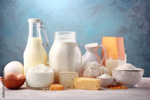 Dairy products on table against color background. Healthy dairy products. Generative AI