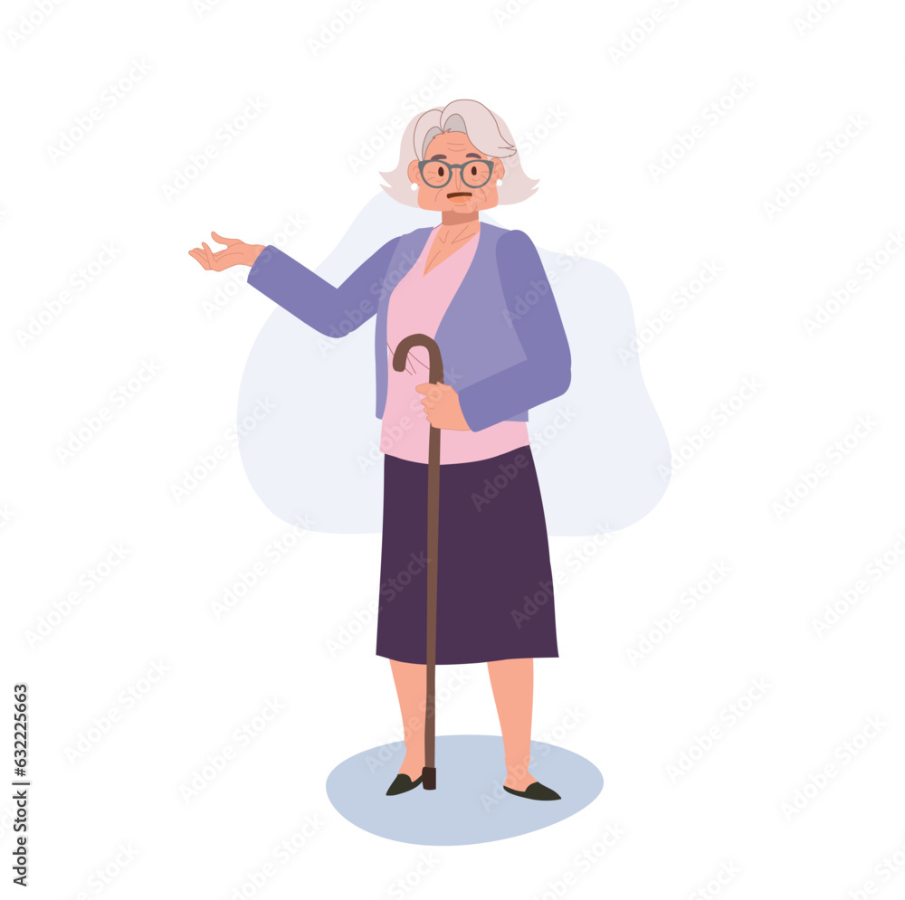 Experienced Senior Advising. Senior Woman with cane stick is introducing , giving suggestion. Flat vector cartoon illustration