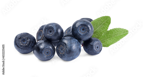 Tasty ripe bilberries and green leaves isolated on white