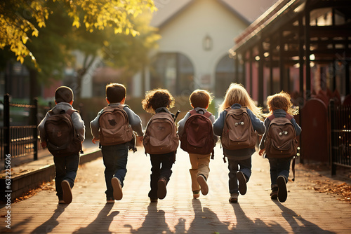 Group of elementary school kids running at school, back view