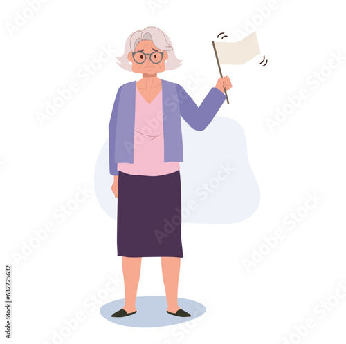 Surrendering to Life concept. Emotional Elderly Woman with White Flag in Retirement. Flat vector cartoon illustration