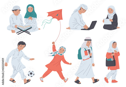 Set of arab kids studying, reading book and playing - flat vector illustration isolated on white background.