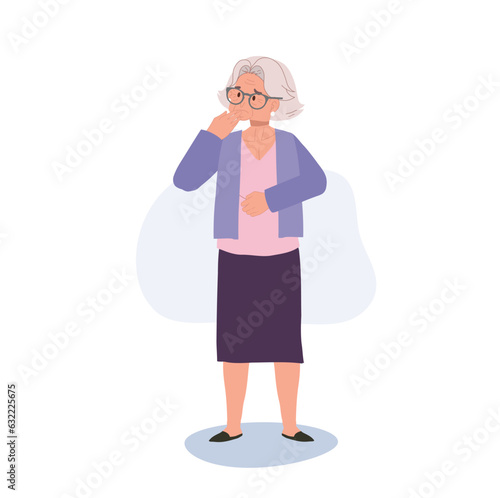 Worry and Anxiety Concept. Depressed Elderly Lady Contemplating Life. Full Length Illustration of Worried Elderly Woman.