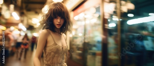 Confident and carefree pretty girl with curly hair bangs in a thin frilly dress near city street shops at night, creative fashion shoot long exposure motion blur bokeh background - generative AI
