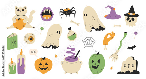 Halloween set with cute and spooky characters and stuff. Funny doodle Helloween bundle with holiday pumpkin, hat, candy for October party. Kids flat vector illustrations isolated on white background