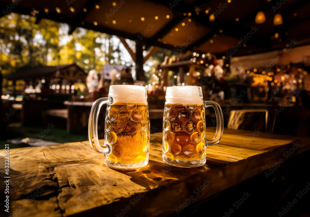 Two larges mugs of beer on a table in a pub, bar or October festival grounds. Concept of beer with friends and German beer festival. Shallow field of view.
