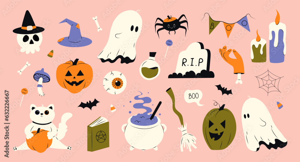 Cute Halloween set of different elements for design. ghost, pumpkin, cat, witchs cauldron, skull, poison bottle, spider, cobweb, gouged eye, vampire fangs. Vector stock hand drawn illustration. Cute Halloween set of different elements for design. ghost, pumpkin, cat, witchs cauldron, skull, poison bottle, spider, cobweb, gouged eye, vampire fangs. Vector stock hand drawn illustration.