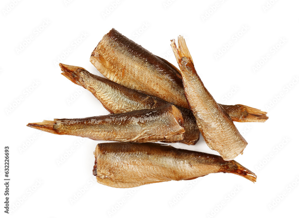 Tasty canned sprats isolated on white, top view Tasty canned sprats isolated on white, top view