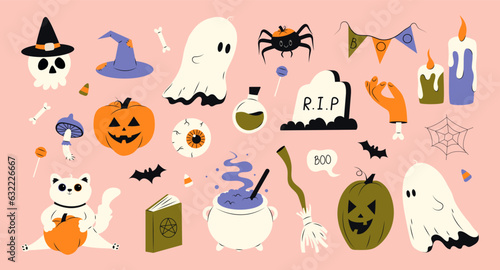 Cute Halloween set of different elements for design. ghost, pumpkin, cat, witchs cauldron, skull, poison bottle, spider, cobweb, gouged eye, vampire fangs. Vector stock hand drawn illustration.