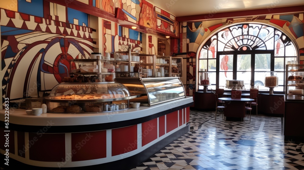 Patisserie with murals and mosaics.