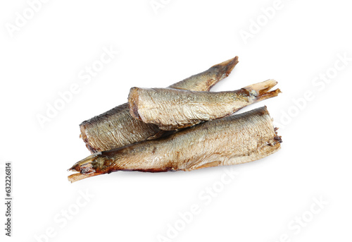 Tasty canned sprats isolated on white, top view
