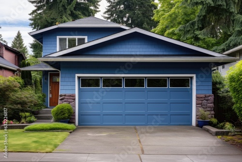 Blue garage door with a driveway in front. © kardaska