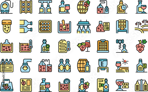 Wine production icons set outline vector. Winery industry. Fruit shape thin line color flat on white
