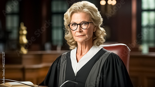 Portrait of successful female serious judge with american flag behind her. Portrait of a woman attorney.