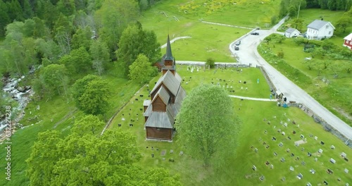 Aerial Drone View of Kaupanger Stave Church in Norway photo