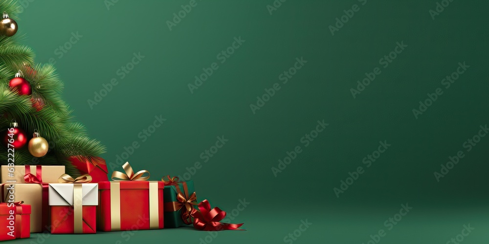 Green christmas composition. Christmas banner with red and gold balls on background. Copy space. Xmas greeting card. Close up. Happy New Year Green christmas composition. Christmas banner with red and gold balls on background. Copy space. Xmas greeting card. Close up. Happy New Year