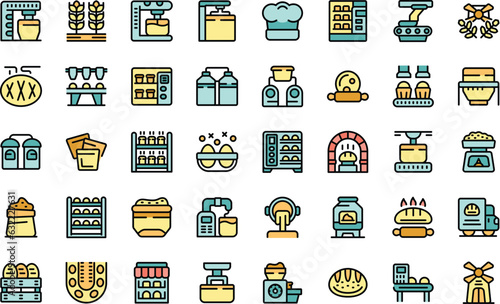 Bread production icons set outline vector. Cake machine. Oven pastry thin line color flat on white