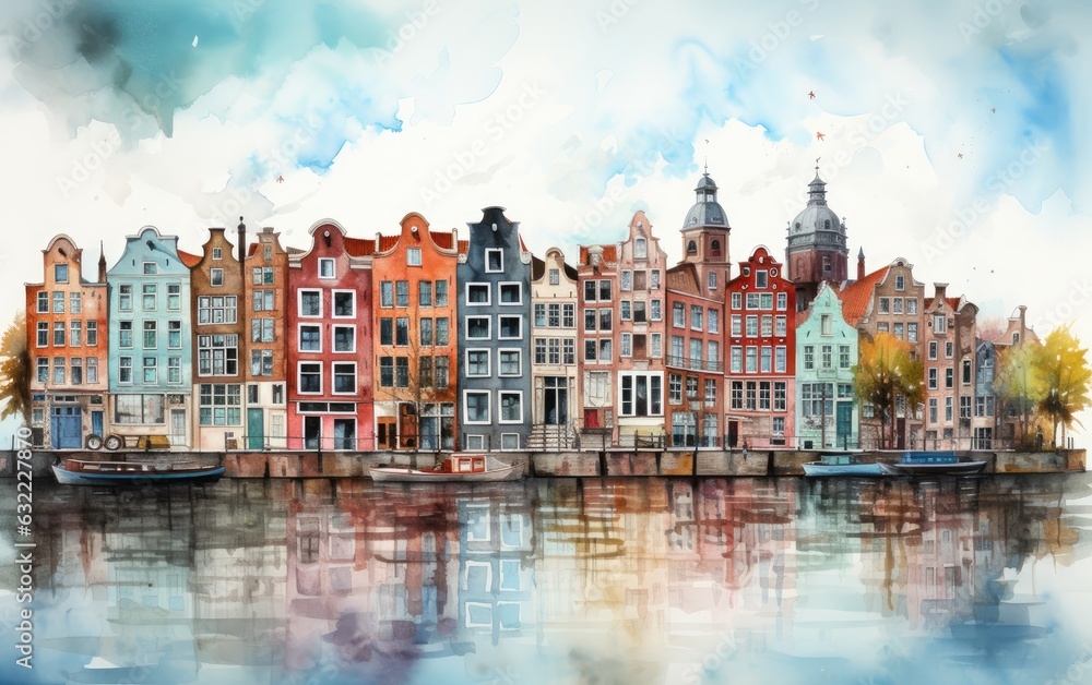 Obraz premium Watercolor of the city canal in the country.