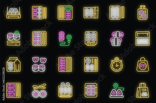 Sushi to go icons set outline vector. Food box. Meal takeout neon color on black