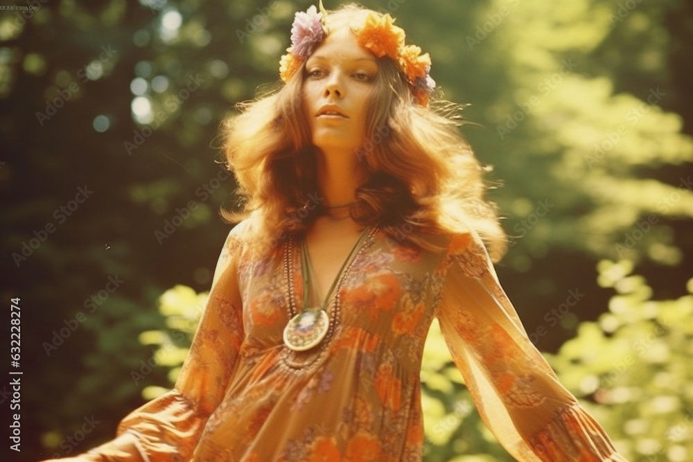 1970s Boho Chic: A lady adorned in a flowy maxi dress and flower crown, capturing the free-spirited essence of the '70s 1970s Boho Chic: A lady adorned in a flowy maxi dress and flower crown, capturing the free-spirited essence of the '70s