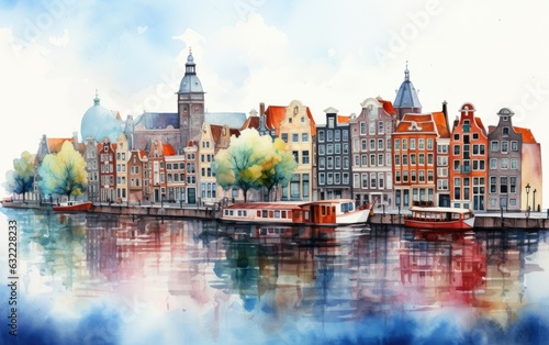 Watercolor of the city canal in the country.