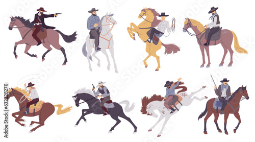 Cowboys riders, sheriffs and bandits set, flat vector illustration isolated.