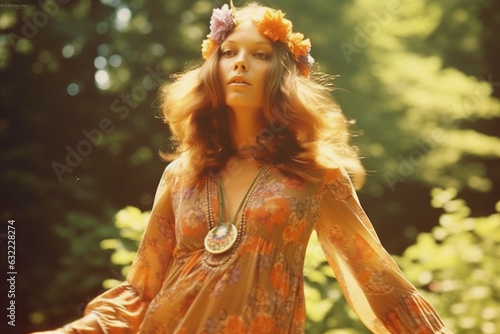 1970s Boho Chic  A lady adorned in a flowy maxi dress and flower crown  capturing the free-spirited essence of the  70s