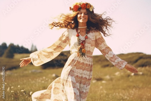 1970s Boho Chic  A lady adorned in a flowy maxi dress and flower crown  capturing the free-spirited essence of the  70s