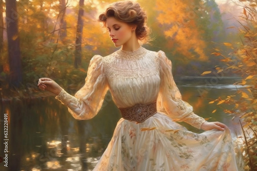 Embracing the allure of Edwardian romance, a lady elegantly wears a lace-trimmed blouse and a long, flowing skirt that perfectly captures the romantic essence of the Edwardian era photo
