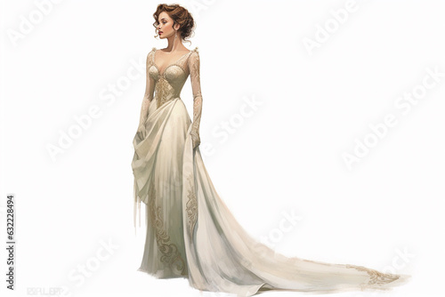 Beautiful woman in Victorian epoch dress on white backgorund, isolated