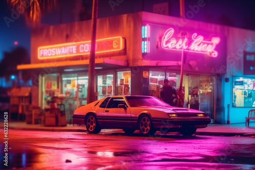 vintage car of 1980s and cafe with neon lights on background, night scene