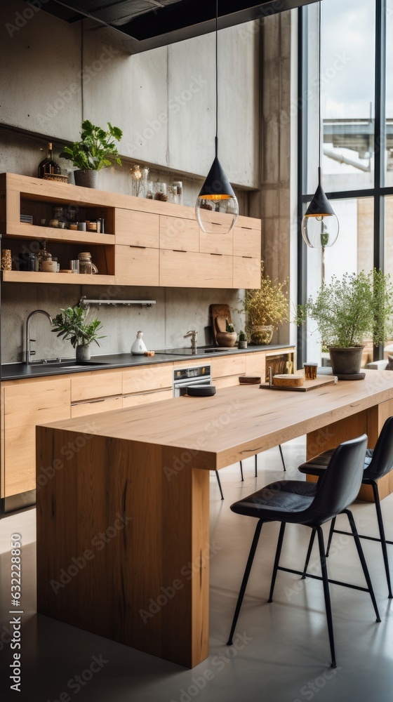 Minimalist interior of a loft kitchen with modern furniture. Generative AI