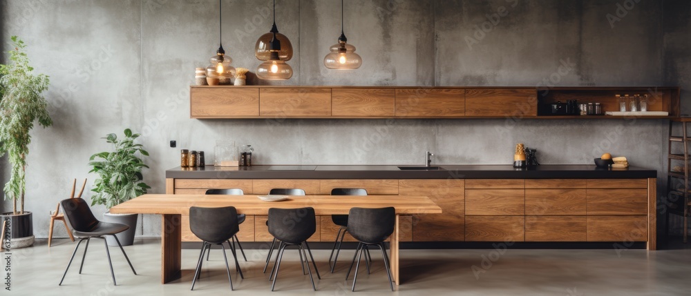 Minimalist interior of a loft kitchen with modern furniture. Generative AI Minimalist interior of a loft kitchen with modern furniture. Generative AI