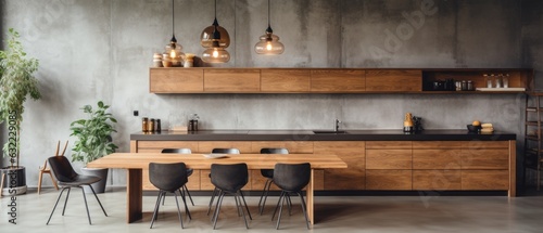 Minimalist interior of a loft kitchen with modern furniture. Generative AI