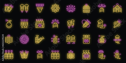 Petard icons set outline vector. Tnt game. Safety festival neon color on black