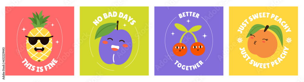 Square card with Fruit and Berries funky characters in Cartoon style. Pineapple, Plum, Cherry berry, Orange cute child. Slogan poster for design web and social media. Vector illustration Square card with Fruit and Berries funky characters in Cartoon style. Pineapple, Plum, Cherry berry, Orange cute child. Slogan poster for design web and social media. Vector illustration