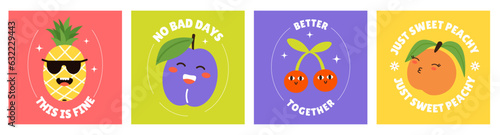Square card with Fruit and Berries funky characters in Cartoon style. Pineapple, Plum, Cherry berry, Orange cute child. Slogan poster for design web and social media. Vector illustration
