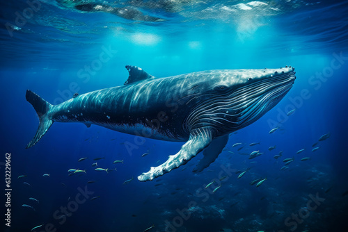 Beautiful blue whale in the sea. Generative AI © Artsiom P