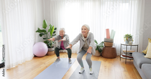 Fitness, yoga and elderly woman friends in a home studio to workout for health, wellness or balance. Exercise, zen and chakra with senior people training for mindfulness together while breathing