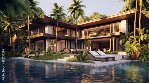 .Modern home with swimming pool or Luxury private pool villa outdoor design. © Tanuha