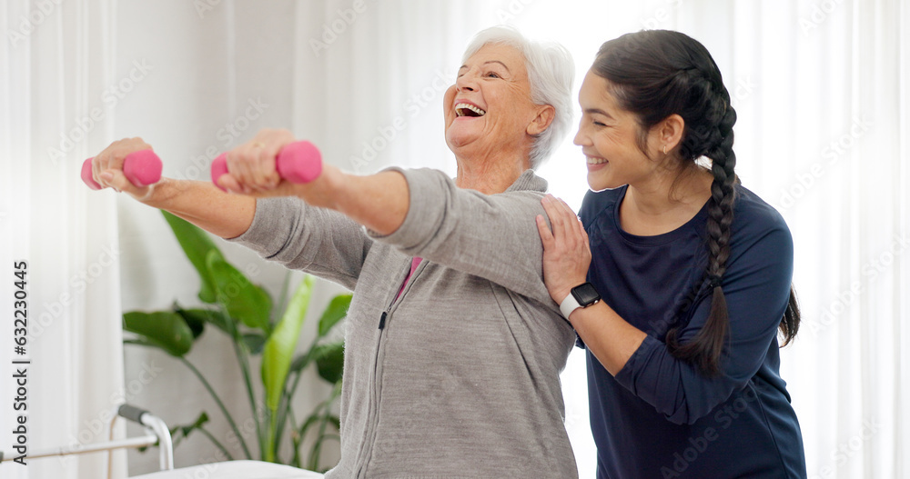 Senior happy woman, dumbbell or physiotherapist consultation, service and retirement support on recovery rehabilitation. Physiotherapy healing, arm exercise or person helping old patient with workout