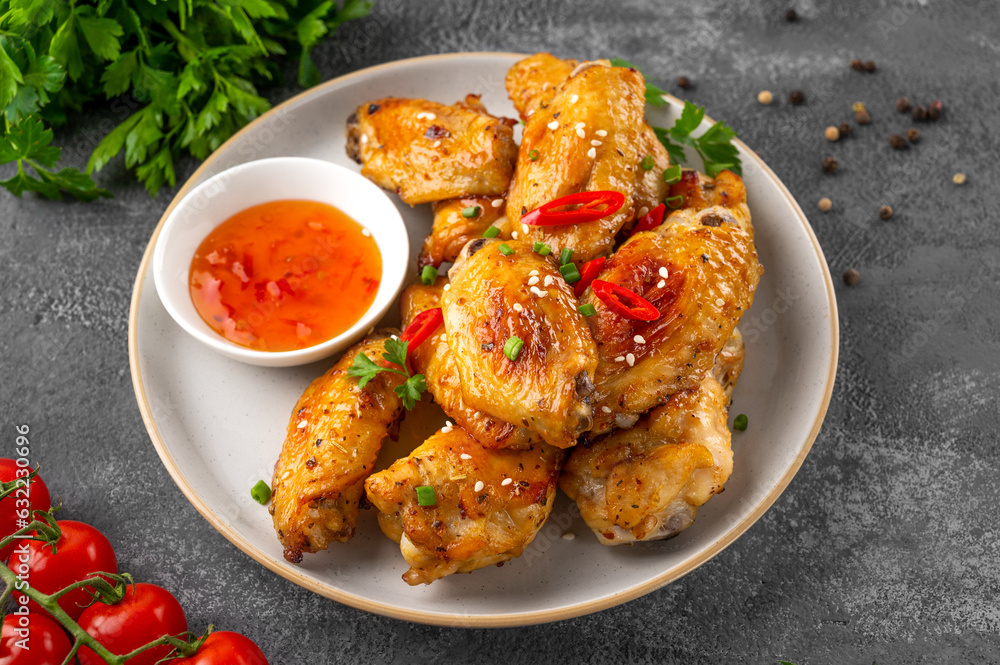 Baked chicken wings served with sweet chili sauce and fresh herbs. Selective focus. Baked chicken wings served with sweet chili sauce and fresh herbs. Selective focus.