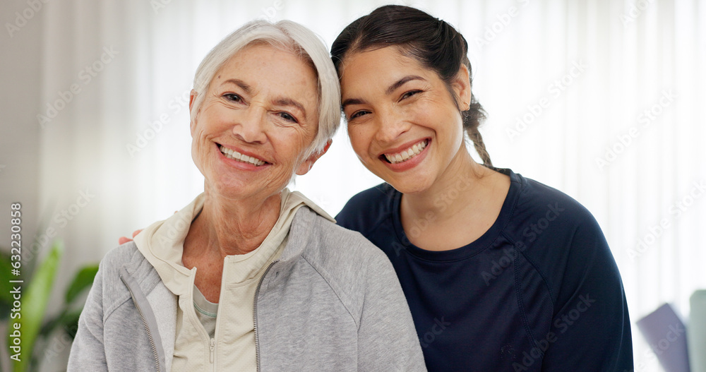 Happy, portrait of mom and grandmother in home with a smile for family, quality time or relax on mothers day in house. Senior woman, grandma and girl together with happiness, support and love Happy, portrait of mom and grandmother in home with a smile for family, quality time or relax on mothers day in house. Senior woman, grandma and girl together with happiness, support and love