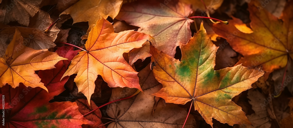 background of orange autumn dry orange maple leaves with a copy space. Generative AI background of orange autumn dry orange maple leaves with a copy space. Generative AI