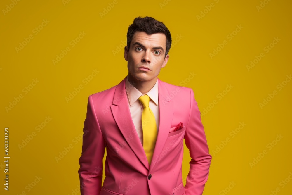 Confident handsome Caucasian stylish rich man professional guy male model in trendy pink suit successful businessman CEO isolated against yellow wall background backdrop style fashion business success Confident handsome Caucasian stylish rich man professional guy male model in trendy pink suit successful businessman CEO isolated against yellow wall background backdrop style fashion business success