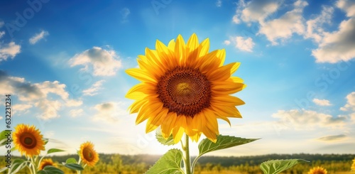 a sunflower in the middle of the field in front of the sky Generative AI