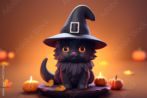 isometric cat witch hat in halloween concept 3d ai generated