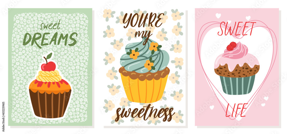 Greeting card template collection Cute cartoon cupcake for birthday, valentines day, scrapbook or bakery design postcard, poster or banner.