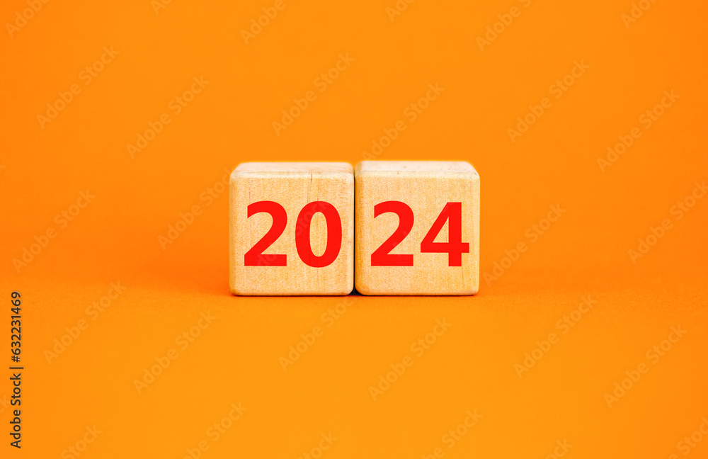 2024 happy new year symbol. Wooden cubes with number 2024. Beautiful orange table orange background, copy space. Business and 2024 happy new year concept. 2024 happy new year symbol. Wooden cubes with number 2024. Beautiful orange table orange background, copy space. Business and 2024 happy new year concept.