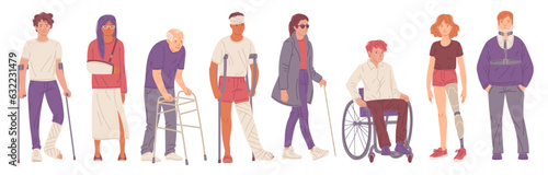 Diverse injured and disabled people, flat vector illustration isolated on white background.